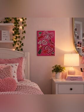 Pink Coquette Diamond Art Canvas – Cherries, Bows, Hearts & Lipstick Girly Decor